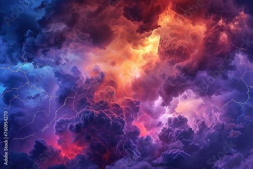 Fiery thunderstorm in the sky. Stormy sky with lightning. Abstract background. 