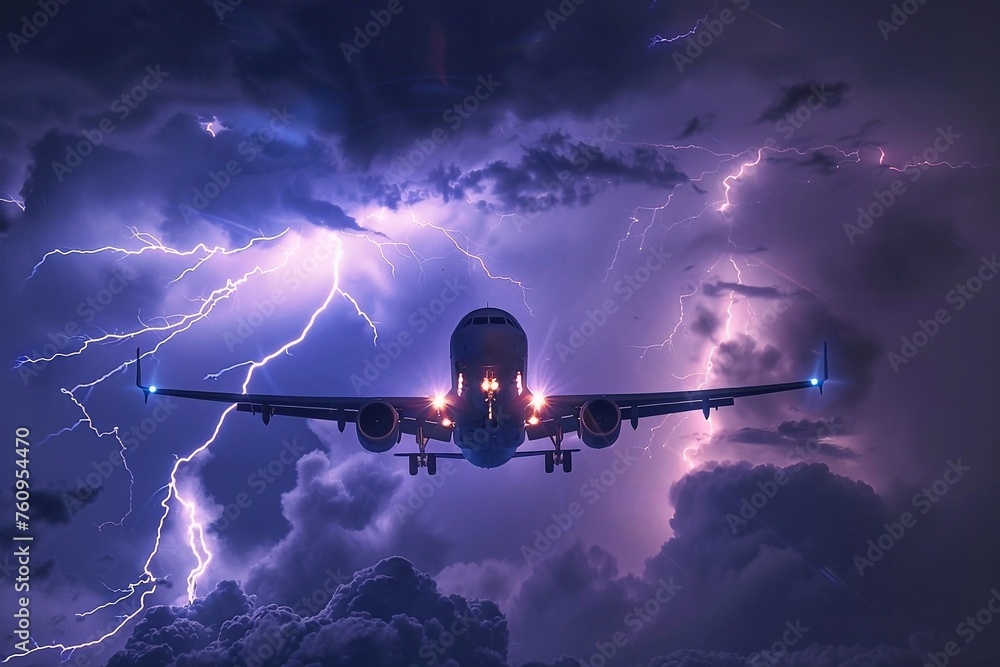 Airplane in the night sky with lightning. Airplane in stormy sky with lightning. 