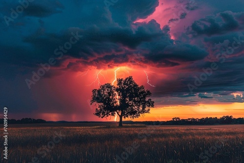Tree in the field at sunset with thunderstorm and lightning. Dramatic sunset sky with lightning and thunderstorm. Nature composition