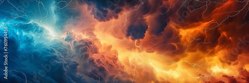 Fiery thunderstorm in the night sky. Wide banner