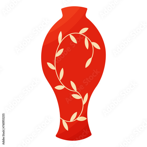 Chinese ceramic traditional Vase with paintings of threads and leaves. Icon element. Simple symbol isolated on white background. Hand drawn vector illustration.