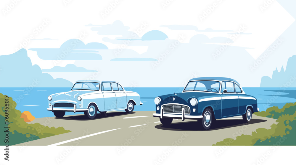 Retro car parked on a coastal road overlooking the