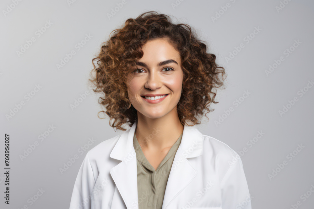 Confident Young Female Doctor in White Coat, Smiling Happily, Standing in a Studio with a Clinical Background Confident Young Female Doctor in White Coat, Smiling Happily, Standing in a Studio with a Clinical Background