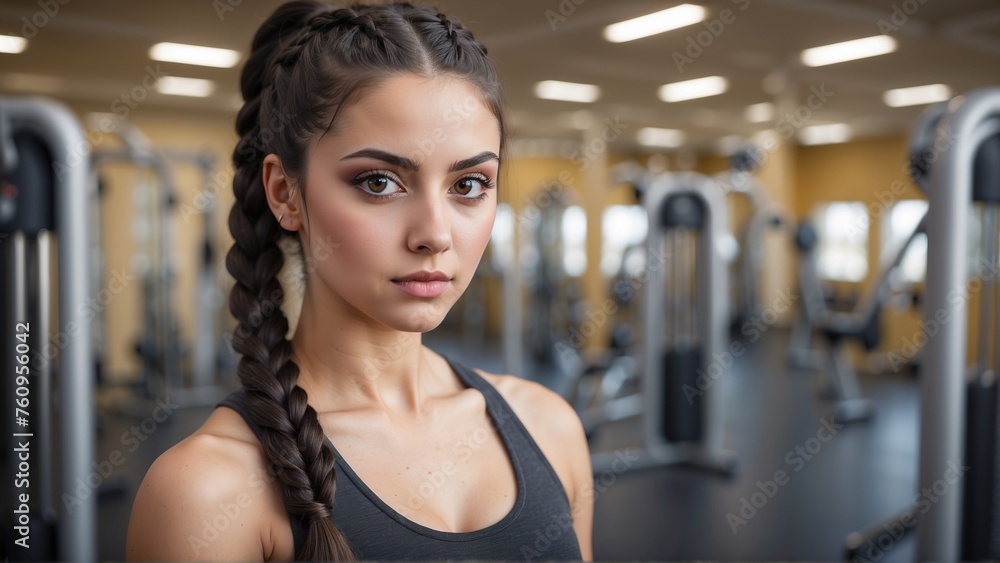 Portrait of a beautiful young woman with dark brown braided hair wearing athletic clothes with a gym and gym equipment in background Portrait of a beautiful young woman with dark brown braided hair wearing athletic clothes with a gym and gym equipment in background