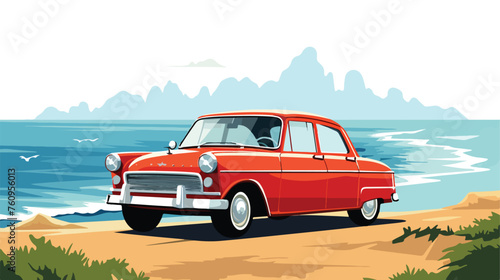 Retro car parked on a coastal road overlooking the