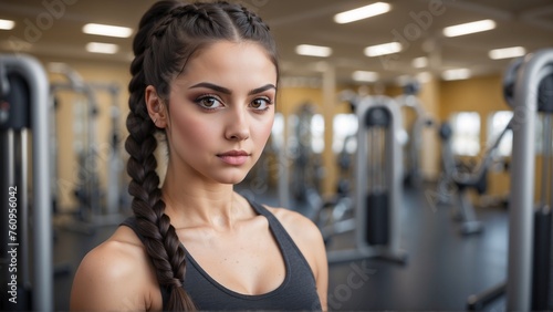 Portrait of a beautiful young woman with dark brown braided hair wearing athletic clothes with a gym and gym equipment in background © Toni