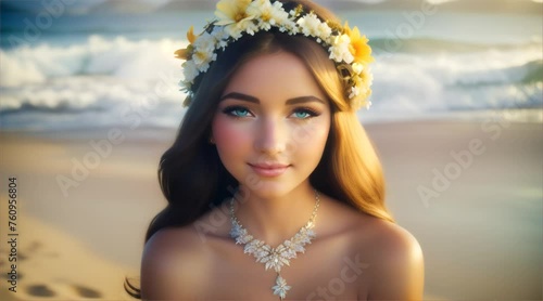 花の冠を身に着けた青い目の美しい女性 photo