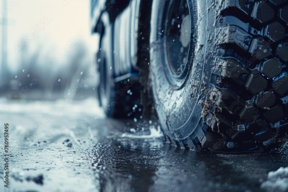 A truck tire is covered in mud and water - obrazy, fototapety, plakaty 