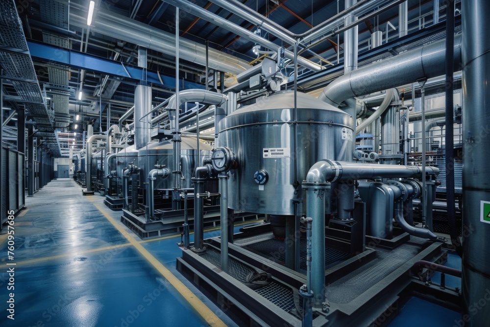 A large industrial building with many pipes and tanks A large industrial building with many pipes and tanks