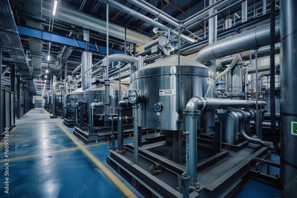 A large industrial building with many pipes and tanks