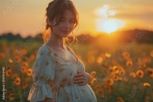 Close-up of pregnant woman with hands on her belly on sea background. Silhouette of pregnant woman in white dress in sunlight of sunset. Concept of pregnancy  maternity  expectation for baby birth.