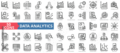 Data analytics icon collection set. Containing chart, forecast prediction, useful information, decision making, business intelligence, data mining, effective icon. Simple line vector