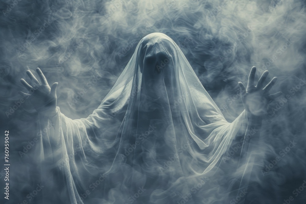 A ghostly figure is shown in a white veil, with its hands raised in the air A ghostly figure is shown in a white veil, with its hands raised in the air