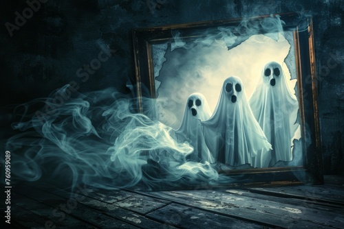 A haunted house with three ghosts in a mirror