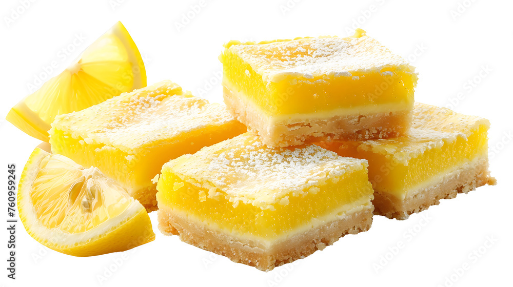 ﻿Lemon bars with a tangy citrus filling isolated on white background, dessert collection
