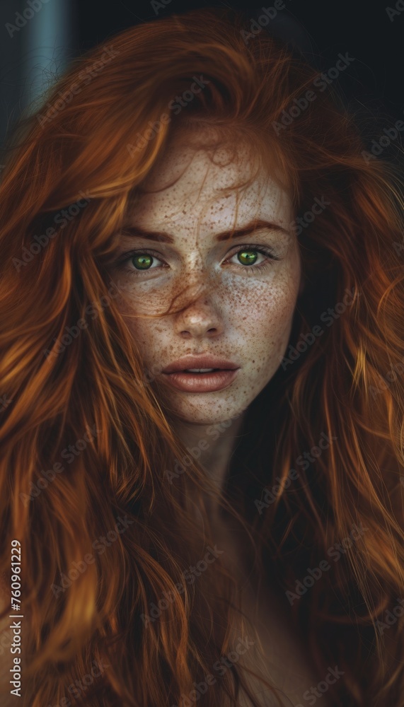 Mysterious Redhead Woman with Green Eyes in Shadows. Generative AI. Mysterious Redhead Woman with Green Eyes in Shadows. Generative AI.