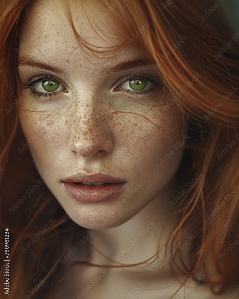 Intense Green-Eyed Redhead Woman Portrait. Generative AI. Intense Green-Eyed Redhead Woman Portrait. Generative AI.