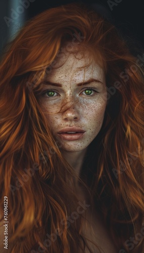 Mysterious Redhead Woman with Green Eyes in Shadows. Generative AI.