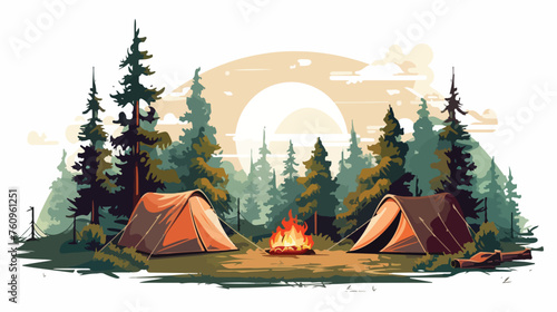Retro summer camp scene with tents and campfires. f photo