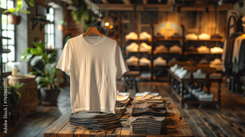 A plain white T-shirt hanging against the backdrop of a modern showroom. Retail concept, business. Layout.