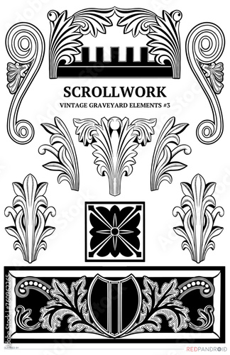Vintage Ornament Pack 3. Decorative filigree, scrollwork, and graphic vector elements. Victorian, Baroque. Funerary design. Graveyard aesthetic. Tombstone decor.