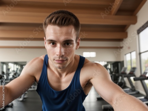 Young athletic man takes selfies in gym