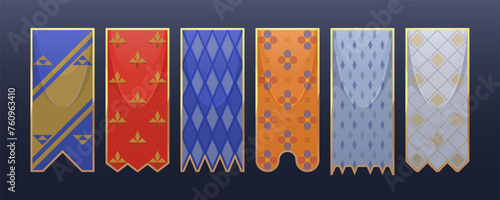 Isolated vector set of flags with heraldry elements. Fabric template of vertical flag or banner with gold frame. Royal pennant, tournament flag with pattern. Abstract geometric grid, medieval symbols.