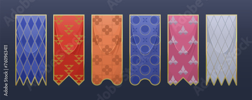 Set of vector flags. Vertical folded fabric flag in a gold frame. Medieval flag template, royal pennant. Decorative vertical flag or banner with heraldry elements. Tournament flag with a pattern.
