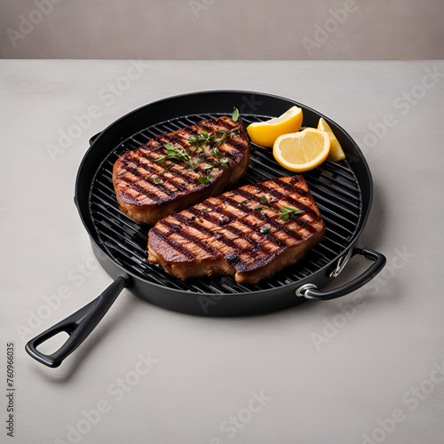 grilled steak on a grill with lemons 