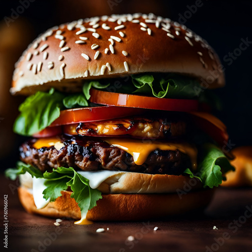 burger with cheese, beef patties, lettuce and tomatoes 