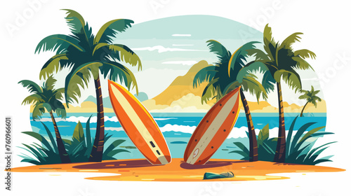 Tropical beach scene with palm trees and surfboards