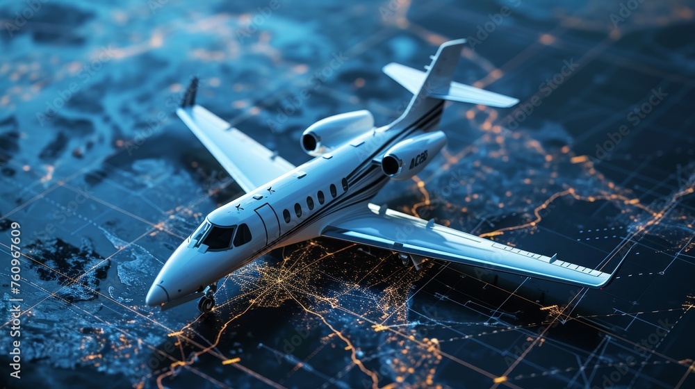 A D model of a business jet flying over graph lines AI generated illustration - obrazy, fototapety, plakaty 