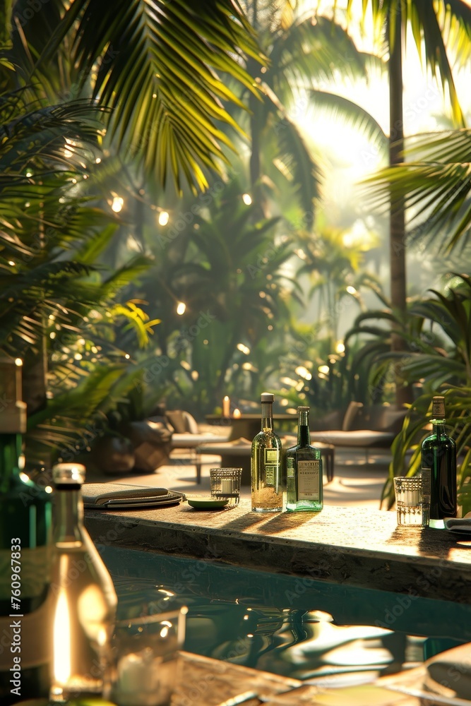 Fototapeta premium A D visualization of an anniversary party in a lush tropical setting AI generated illustration