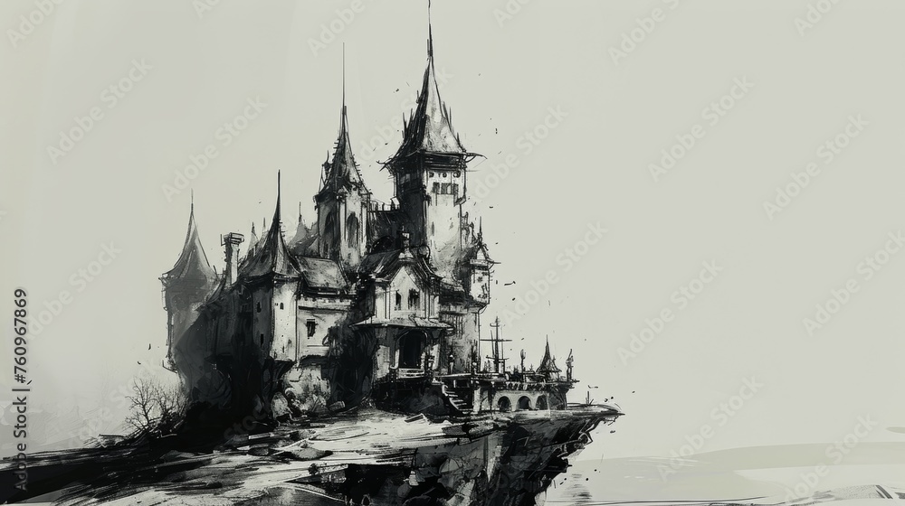 A black and white sketch of an isolated castle-like structure AI generated illustration A black and white sketch of an isolated castle-like structure AI generated illustration