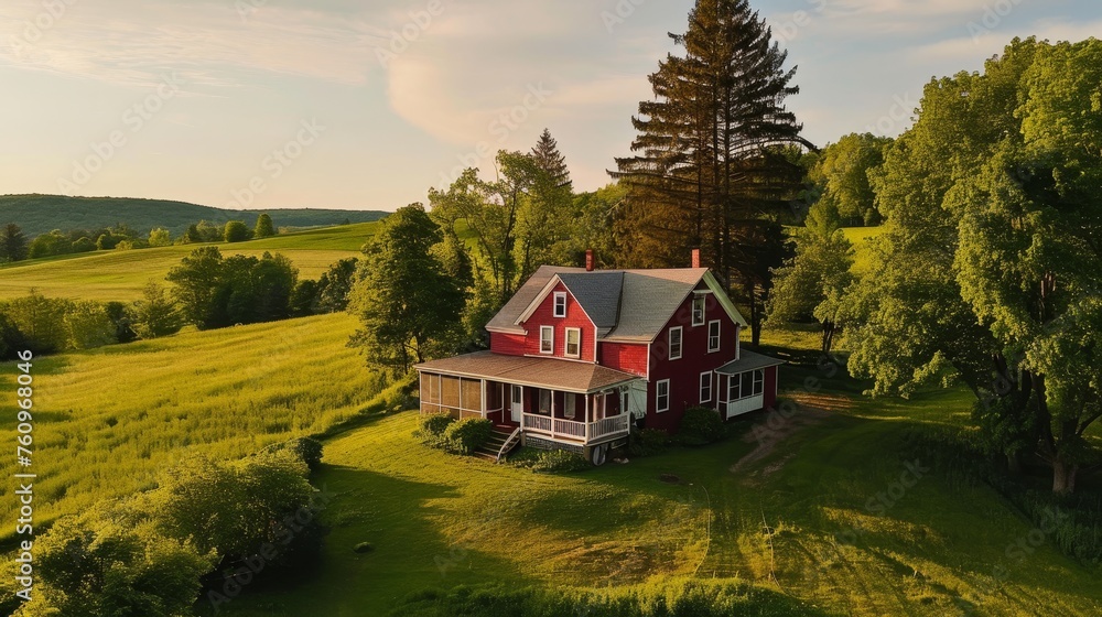A charming farmhouse with a red barn surrounded by acres of farmland AI generated illustration A charming farmhouse with a red barn surrounded by acres of farmland AI generated illustration
