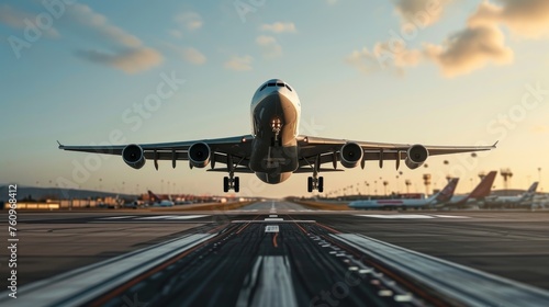 A commercial airplane in D taking off from a busy airport AI generated illustration photo