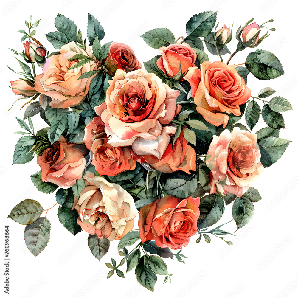 Heart-shaped rose bouquet in gentle retro style watercolor painting, perfect for love-themed events and romantic decoration