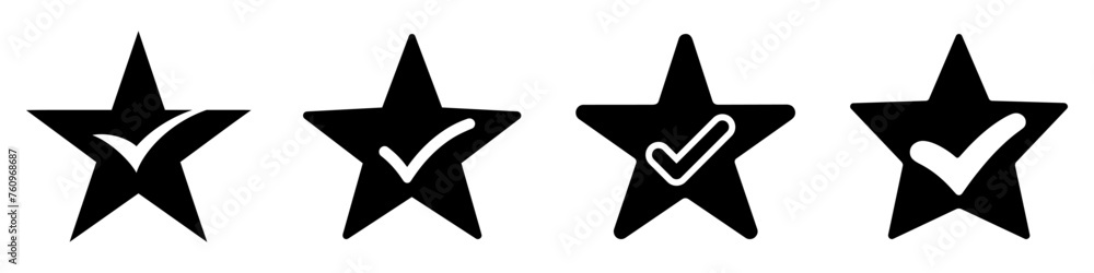 Star icon. Star with check mark. Set of star icons on white background. Star icon. Star with check mark. Set of star icons on white background.