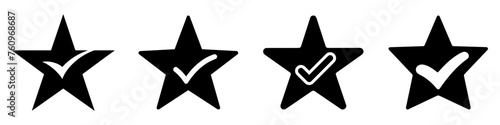 Star icon. Star with check mark. Set of star icons on white background.