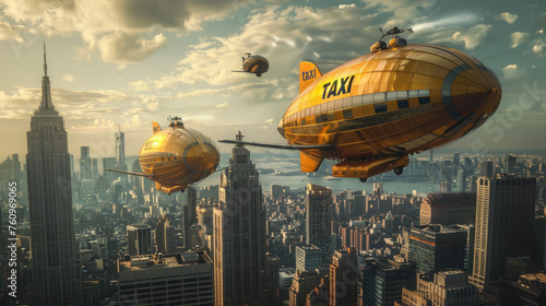 Golden zeppelin taxis offer a serene yet fantastical mode of transportation, floating gently above a city's high-rise skyline, under a calm, cloud-dappled sky