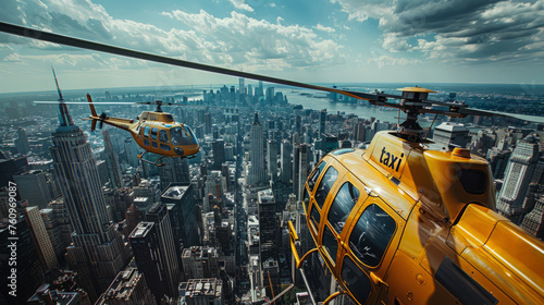 A bright yellow helicopter taxi hovers above a dense urban skyline, offering a unique perspective on city transportation against a backdrop of impressive skyscrapers and open skies