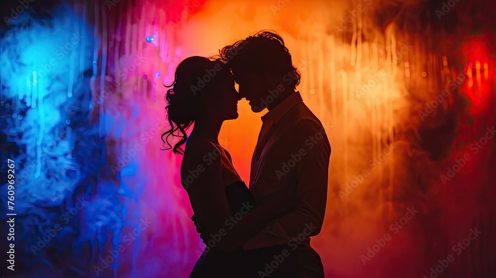 side view silhouette of young couple dancing against colored dramatic background 