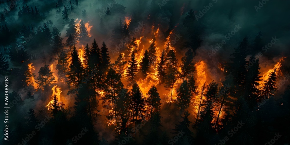 Aerial view of forest trees on fire as a symbol of environmental crisis and pollution. Concept Climate Change, Forest Fires, Environmental Crisis, Aerial Photography