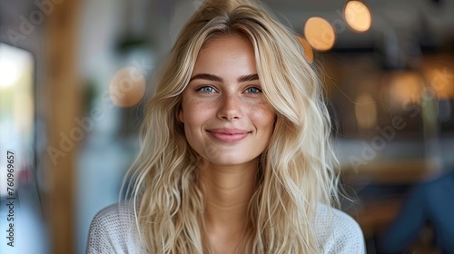 smiling blond haired customer support agent woman listening attentively to the client s inquiries demonstrating her dedication to providing top notch service  © hisilly