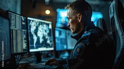 side view of policeman entering personal data of suspect into computer database while sitting in front of monitors in office 