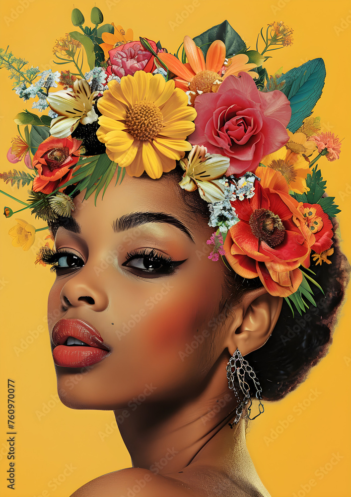 Vintage illustration of a beautiful African woman with colorful flowers on her head against a yellow background, reflecting the beauty and vibrancy of traditional African culture.