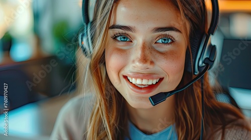 young friendly operator woman agent with headsets working in a call centre 