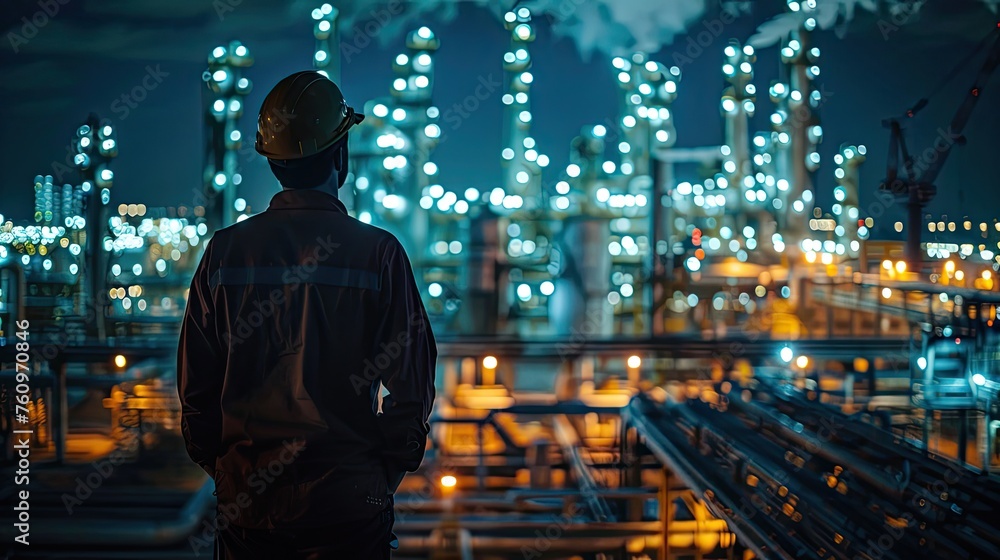rear view of engineer with oil refinery industry plant in the background at night industrial instruments in the factory and futuristic hologram concept industry concept 