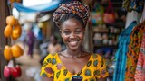 young smiling african woman using mobile phone in a local market 