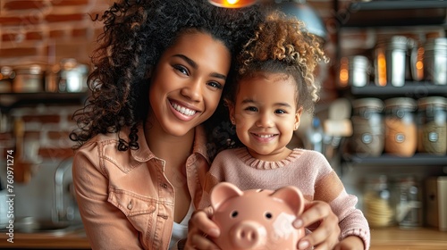 smiling african american mother helping daughter putting money in piggy bank cute little black girl saving money by adding a coin in piggy bank with mother at home 